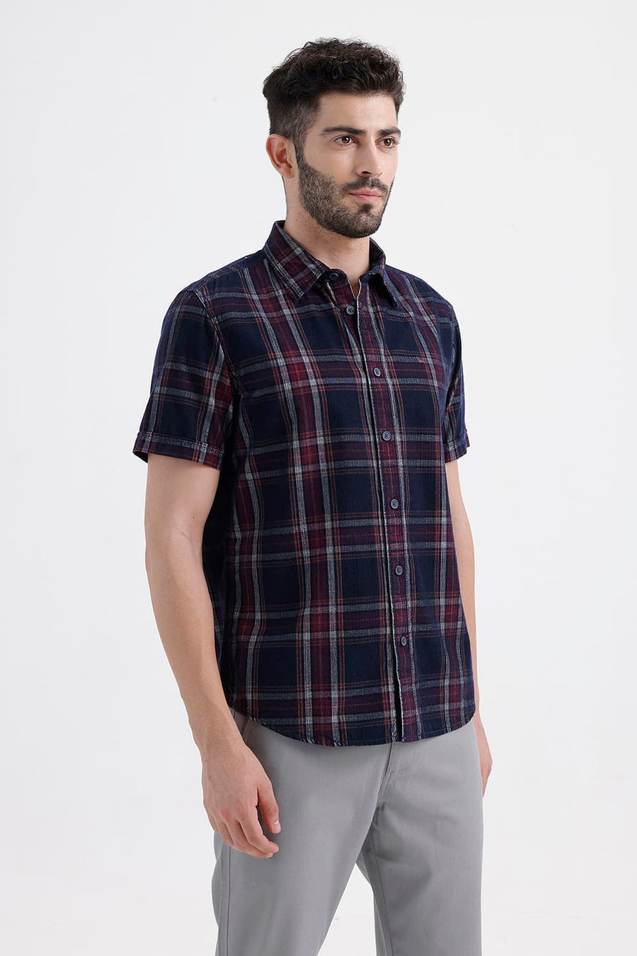 BASICS SLIM FIT SPACE NAVY COTTON CORDUROY CHECKS HALFSLEEVES SHIRT