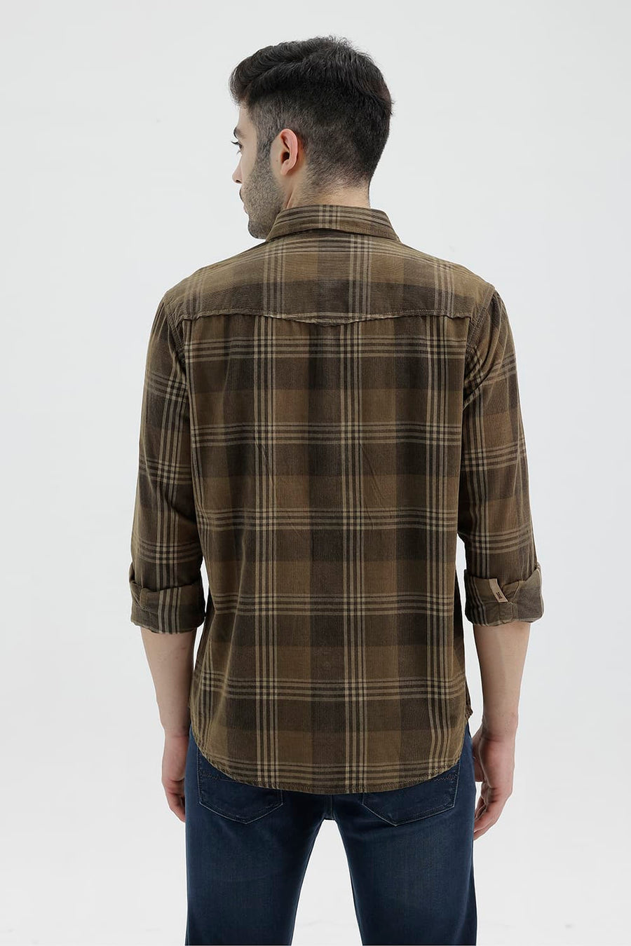BASICS SLIM FIT LEAD BROWN COTTON CORDUROY CHECKS SHIRT