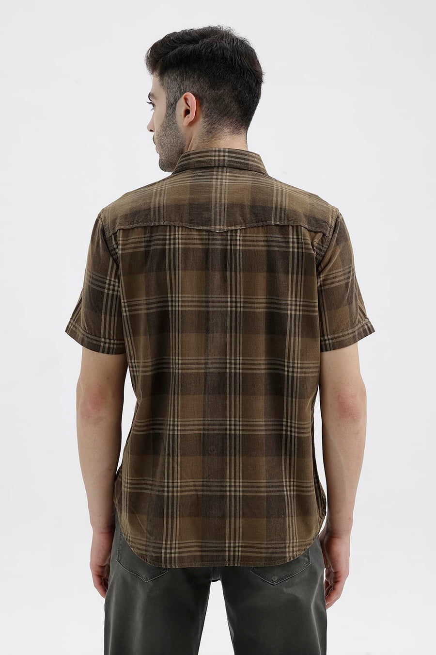 BASICS SLIM FIT LEAD BROWN COTTON CORDUROY CHECKS HALFSLEEVES SHIRT