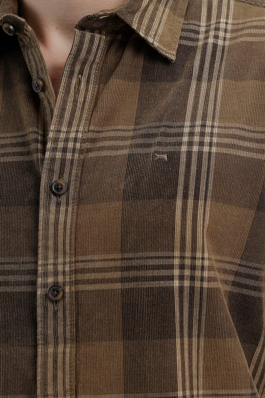 BASICS SLIM FIT LEAD BROWN COTTON CORDUROY CHECKS SHIRT