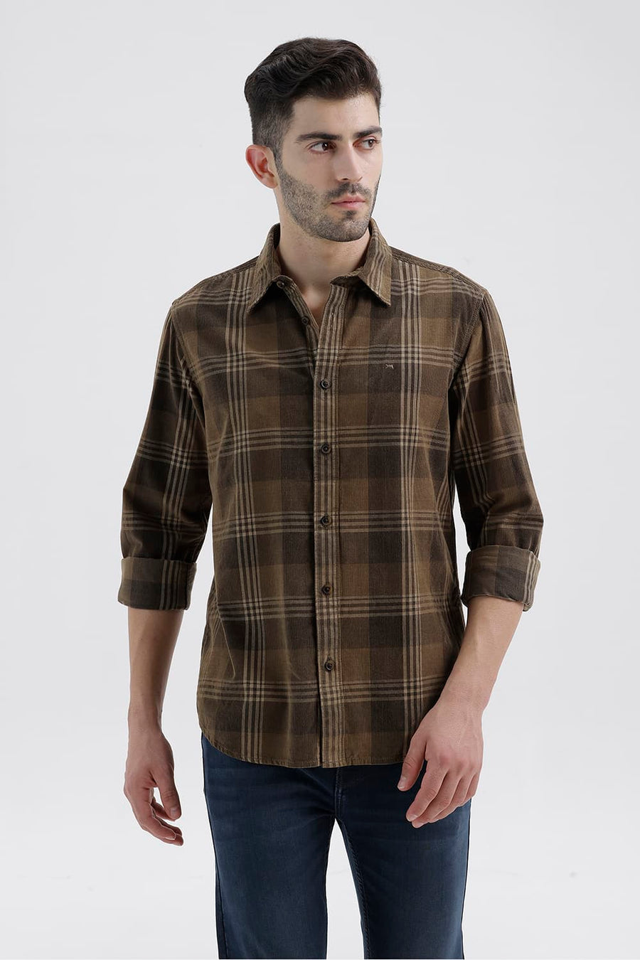 BASICS SLIM FIT LEAD BROWN COTTON CORDUROY CHECKS SHIRT