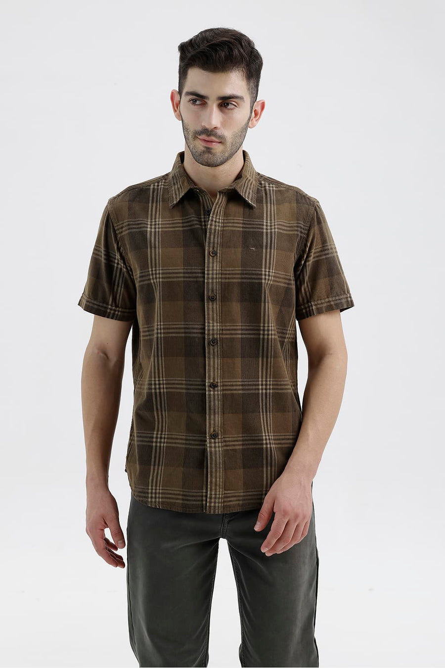 BASICS SLIM FIT LEAD BROWN COTTON CORDUROY CHECKS HALFSLEEVES SHIRT