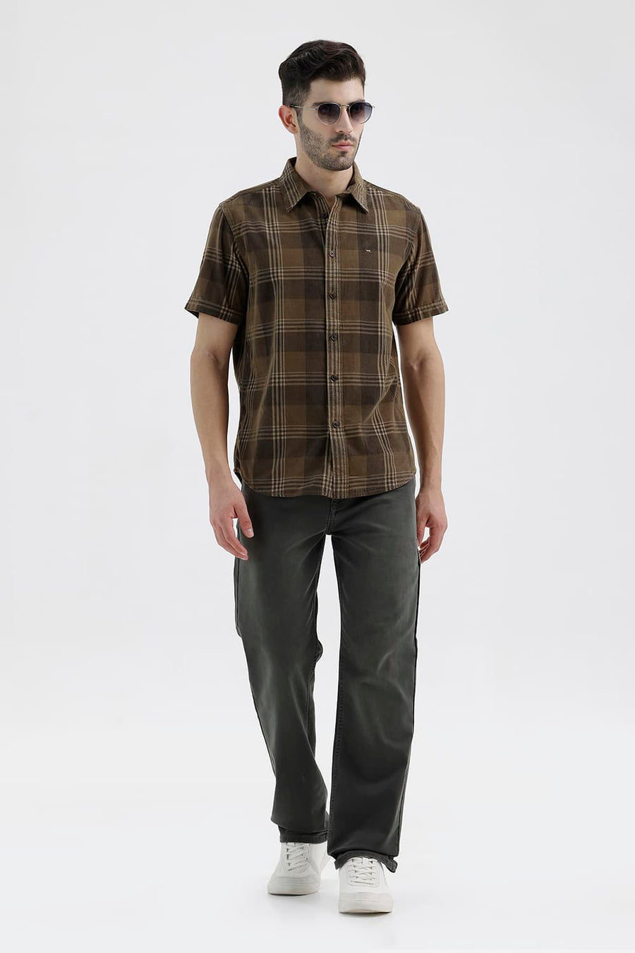 BASICS SLIM FIT LEAD BROWN COTTON CORDUROY CHECKS HALFSLEEVES SHIRT