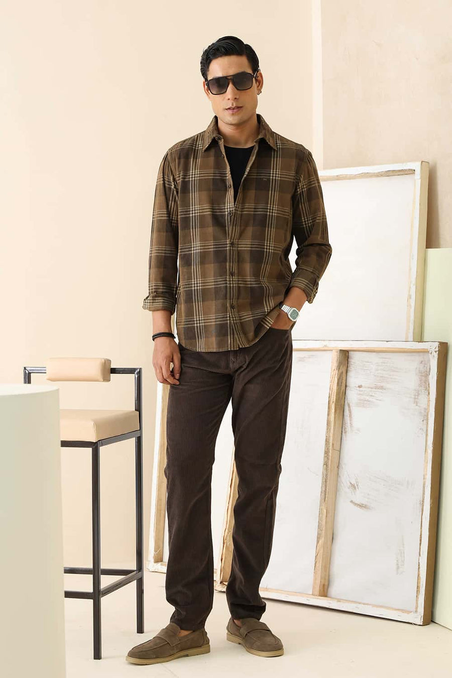 Basics Slim Fit Lead Brown Cotton Corduroy Checks Shirt