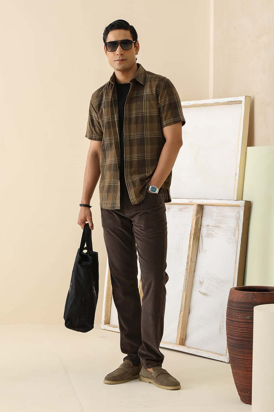 Basics Slim Fit Lead Brown Cotton Corduroy Checks Halfsleeves Shirt
