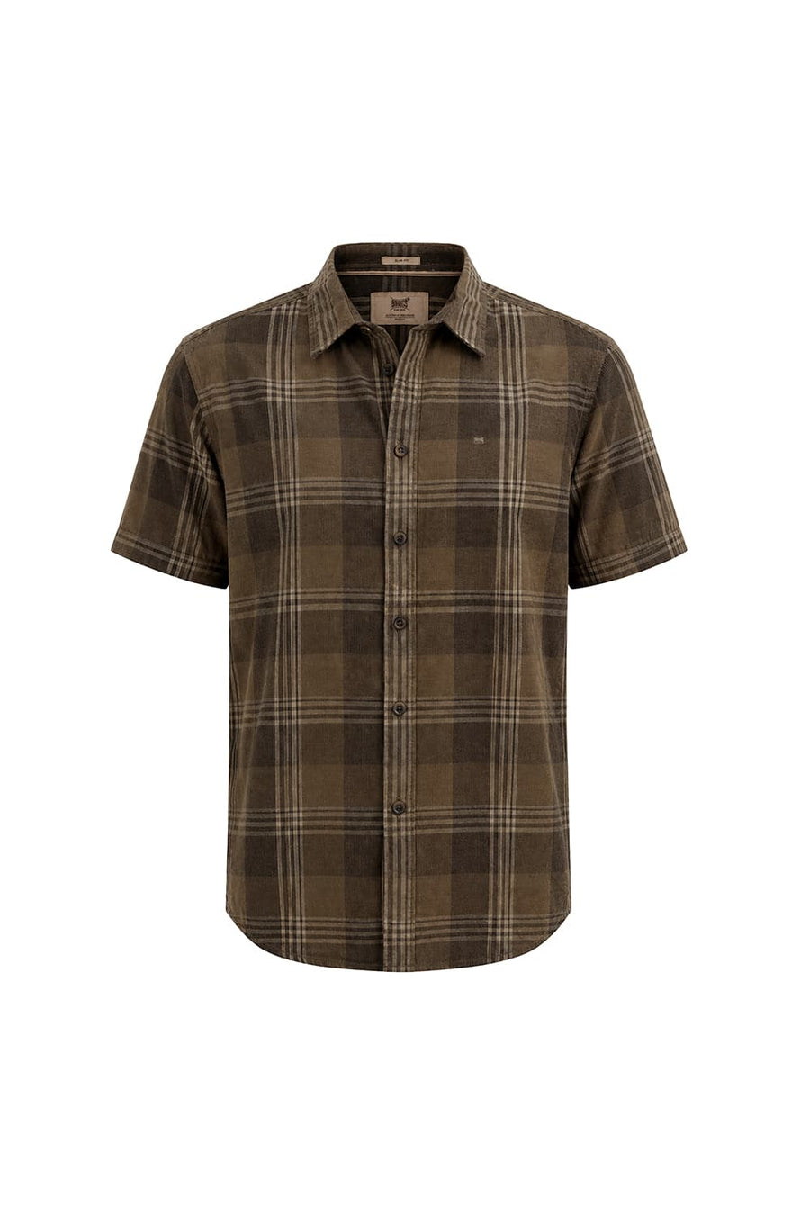 BASICS SLIM FIT LEAD BROWN COTTON CORDUROY CHECKS HALFSLEEVES SHIRT