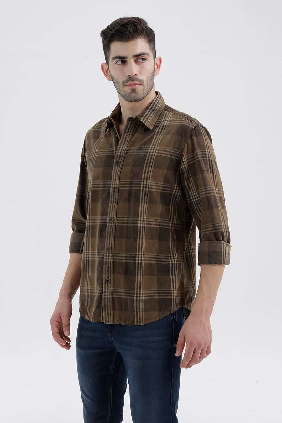 BASICS SLIM FIT LEAD BROWN COTTON CORDUROY CHECKS SHIRT