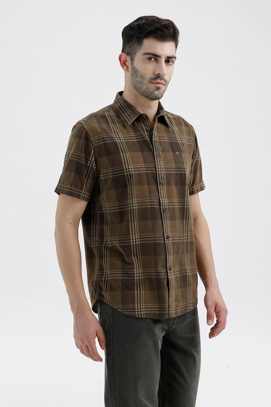 BASICS SLIM FIT LEAD BROWN COTTON CORDUROY CHECKS HALFSLEEVES SHIRT