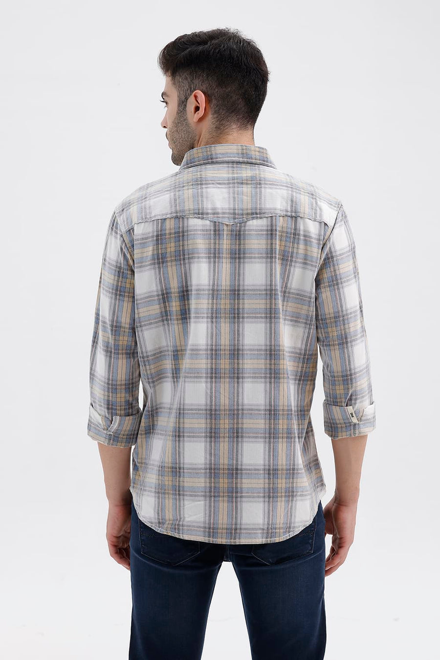 BASICS SLIM FIT LUCENT WHITE COTTON CORDUROY CHECKS SHIRT