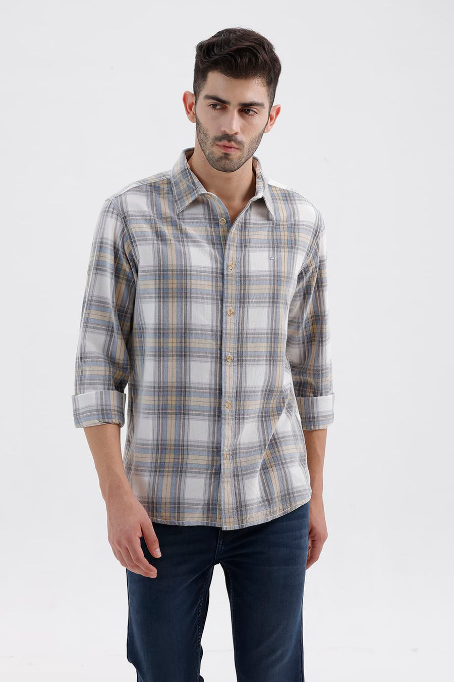 BASICS SLIM FIT LUCENT WHITE COTTON CORDUROY CHECKS SHIRT