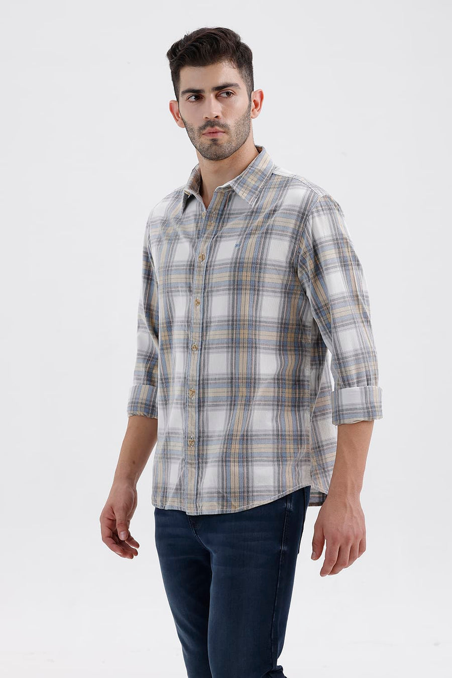 BASICS SLIM FIT LUCENT WHITE COTTON CORDUROY CHECKS SHIRT