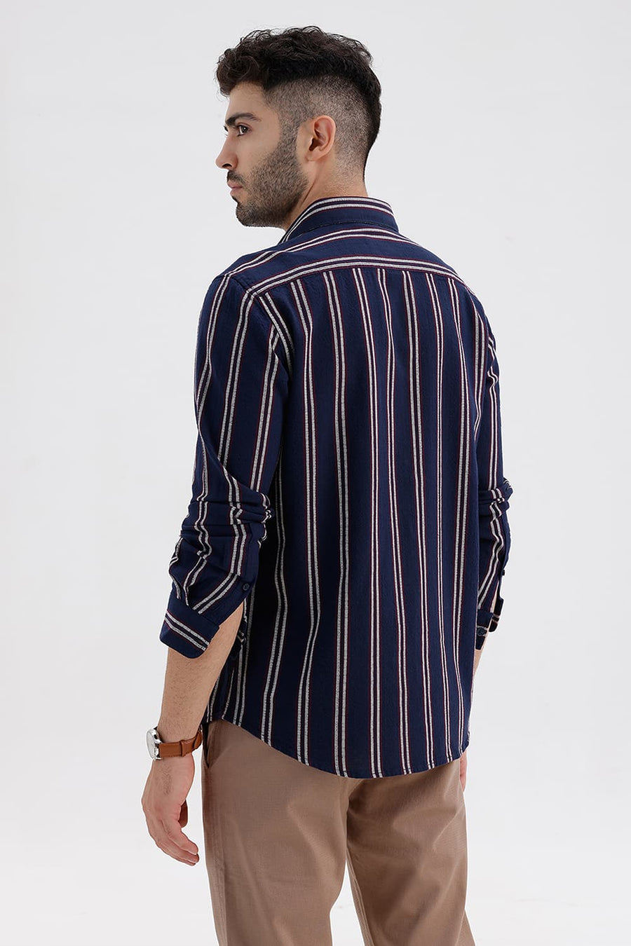 BASICS SLIM FIT NAVY BLUES COTTON HOPSACK STRIPE SHIRT