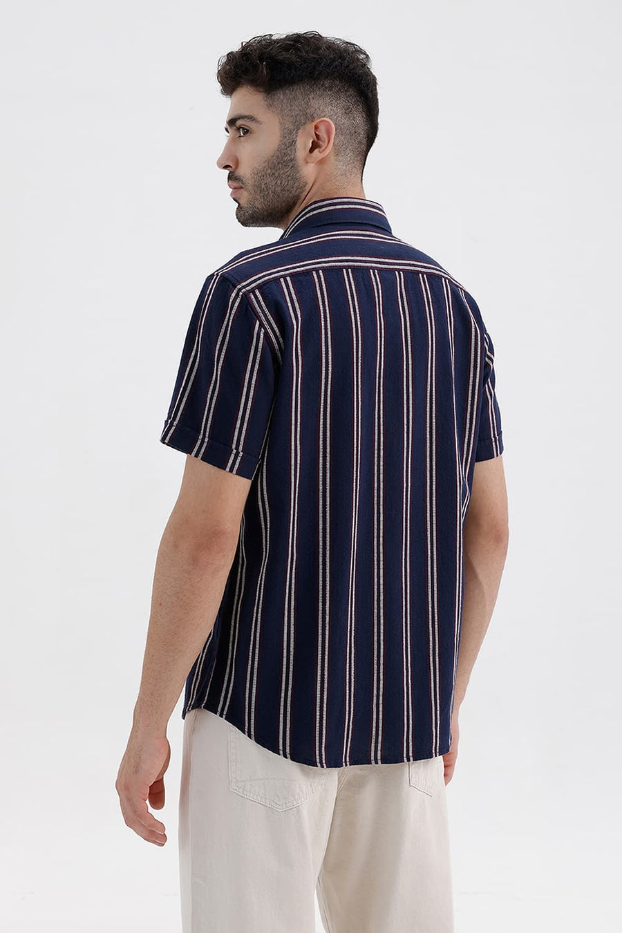 BASICS SLIM FIT NAVY BLUES COTTON HOPSACK STRIPE HALFSLEEVES SHIRT