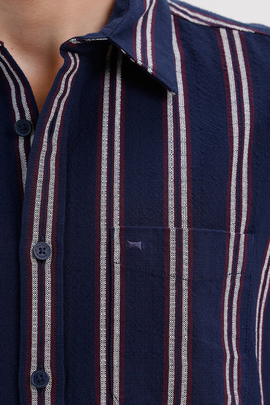 BASICS SLIM FIT NAVY BLUES COTTON HOPSACK STRIPE SHIRT