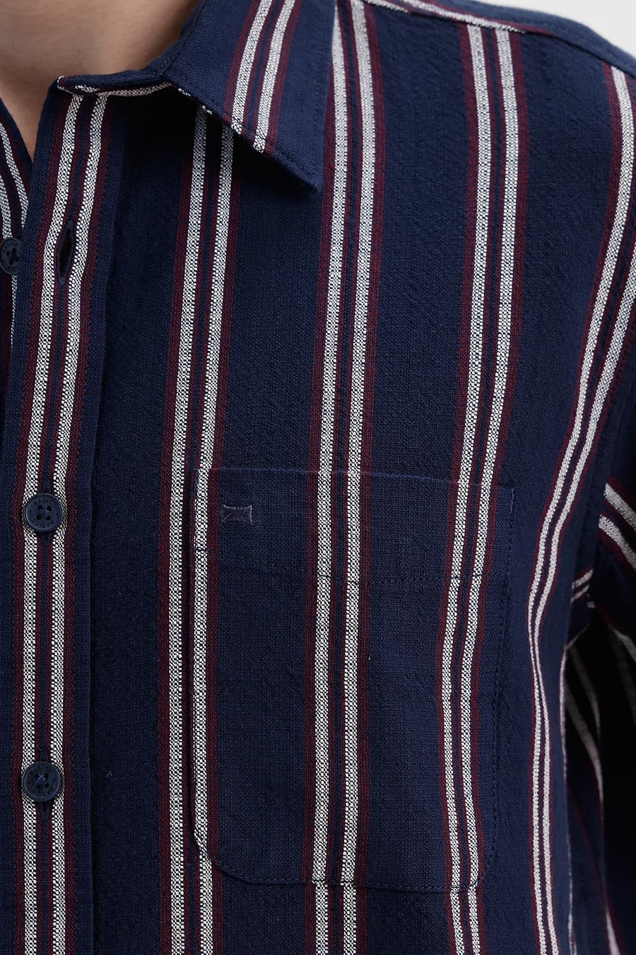 BASICS SLIM FIT NAVY BLUES COTTON HOPSACK STRIPE HALFSLEEVES SHIRT