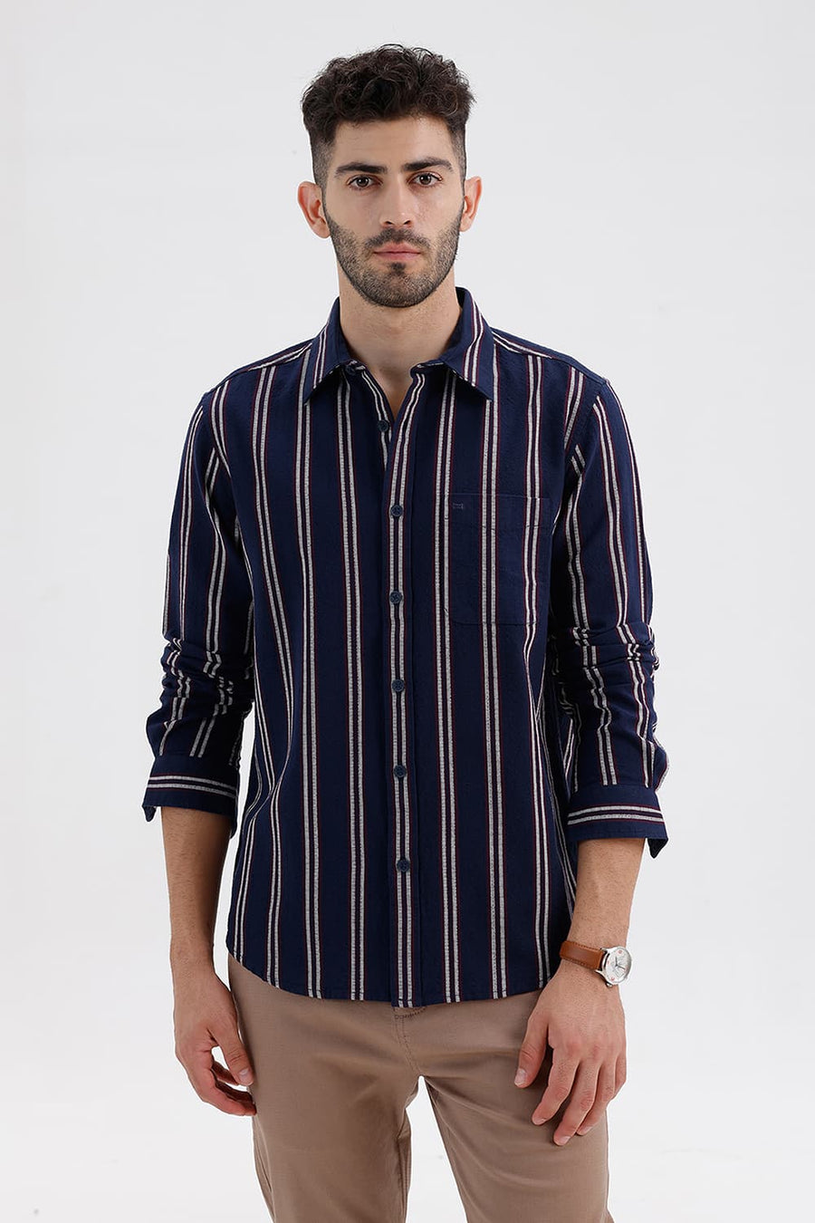 BASICS SLIM FIT NAVY BLUES COTTON HOPSACK STRIPE SHIRT