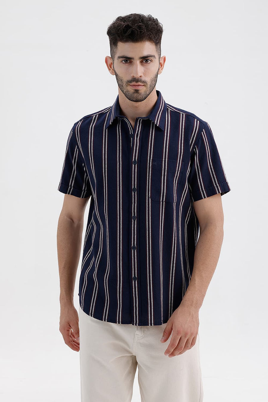 BASICS SLIM FIT NAVY BLUES COTTON HOPSACK STRIPE HALFSLEEVES SHIRT
