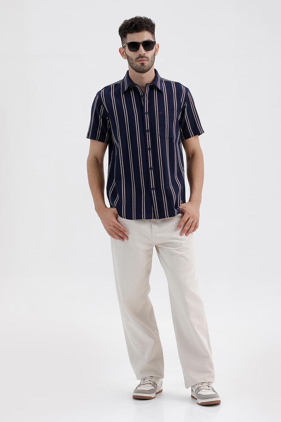 BASICS SLIM FIT NAVY BLUES COTTON HOPSACK STRIPE HALFSLEEVES SHIRT