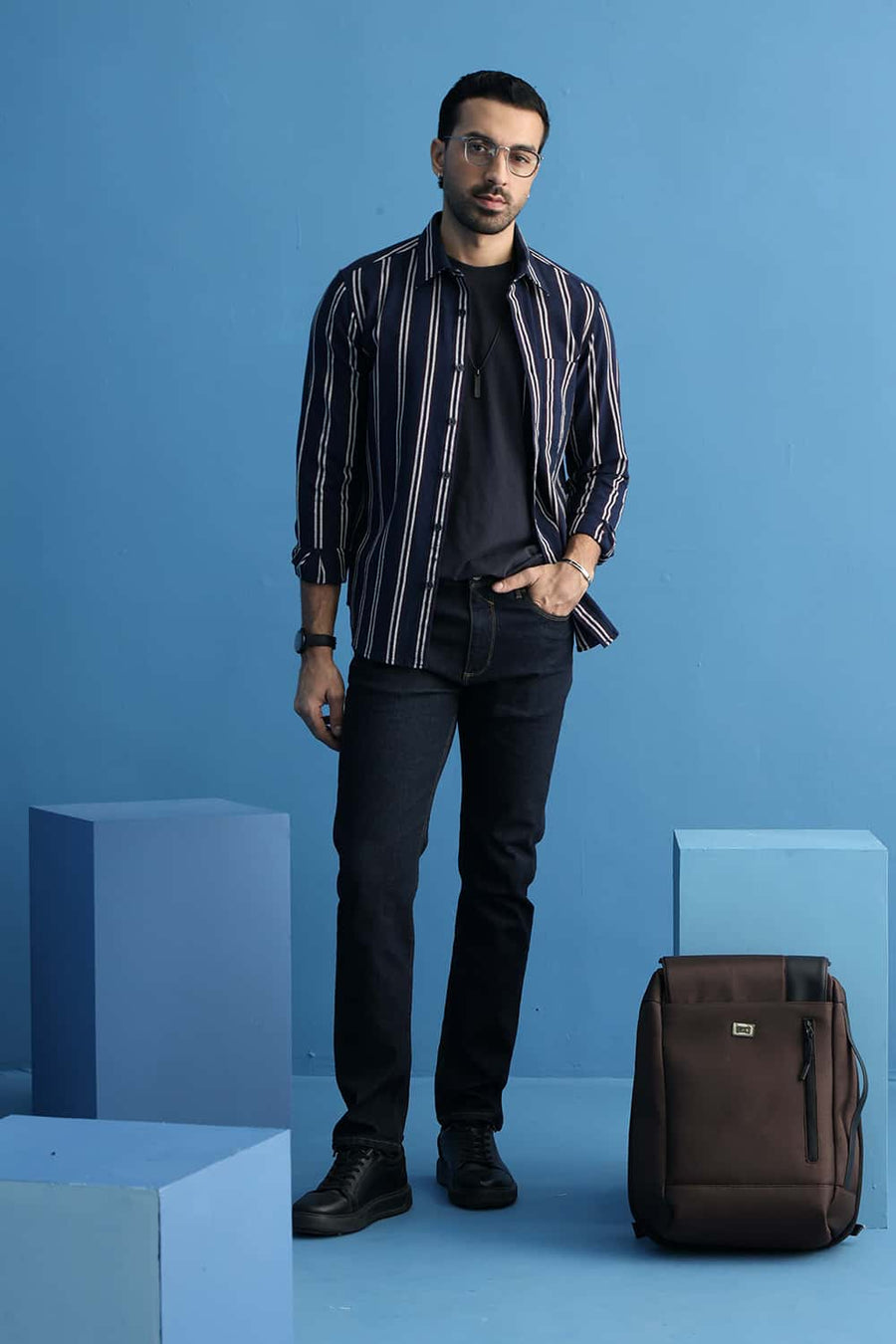 Basics Slim Fit Navy Blues Cotton Hopsack Stripe Shirt