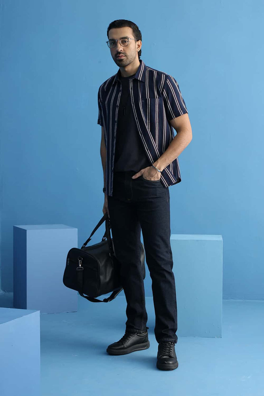Basics Slim Fit Navy Blues Cotton Hopsack Stripe Halfsleeves Shirt