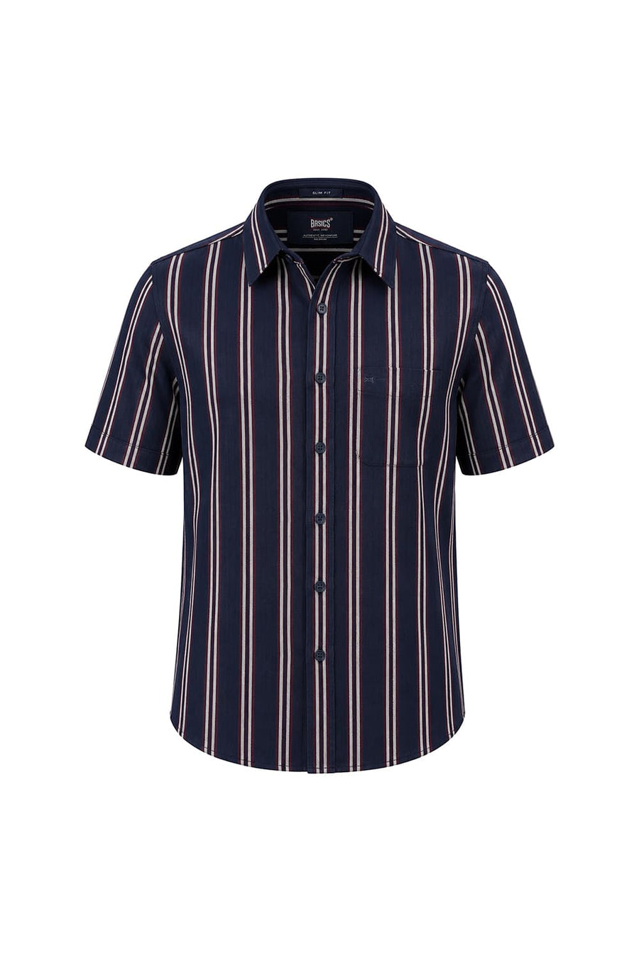 BASICS SLIM FIT NAVY BLUES COTTON HOPSACK STRIPE HALFSLEEVES SHIRT