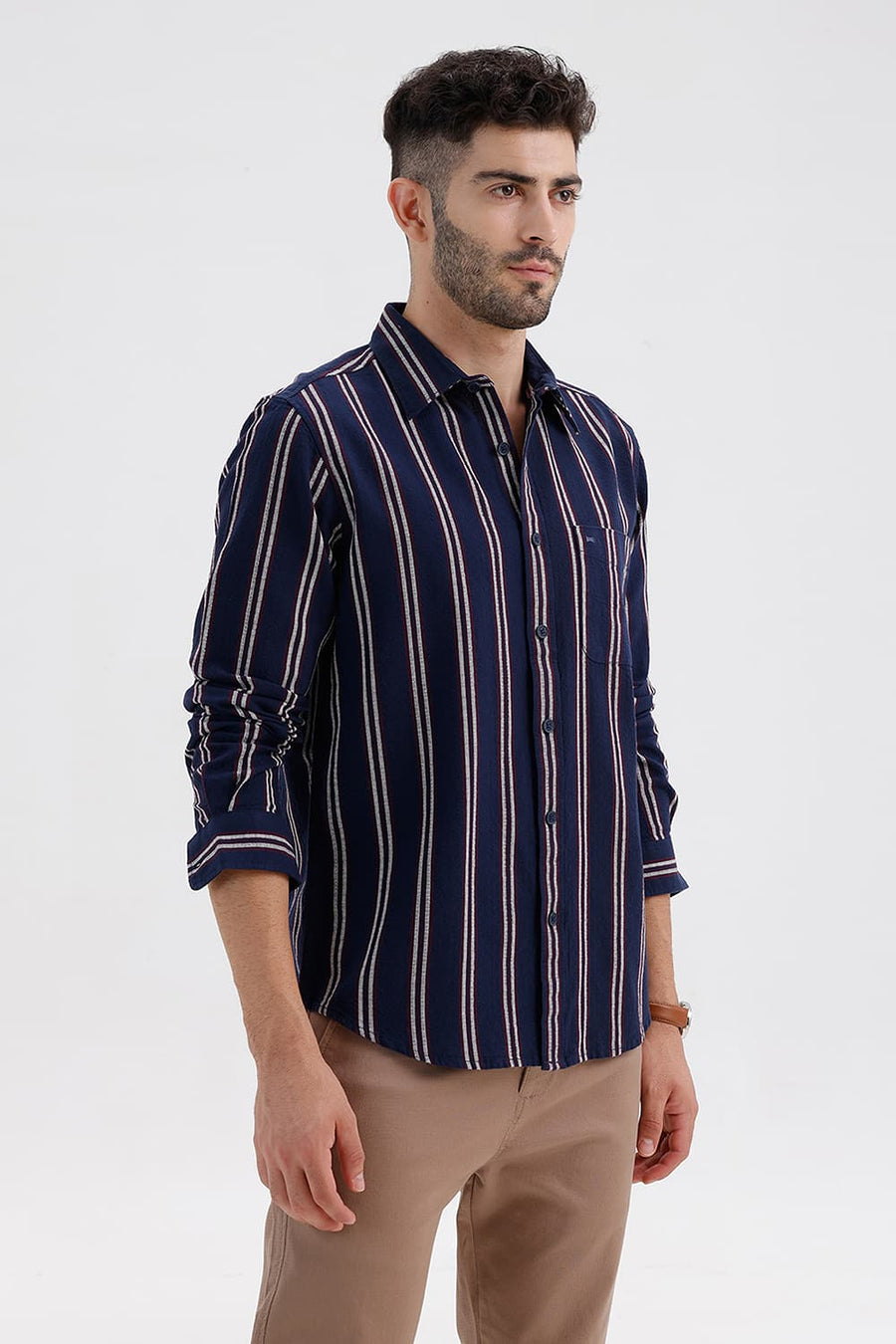 BASICS SLIM FIT NAVY BLUES COTTON HOPSACK STRIPE SHIRT