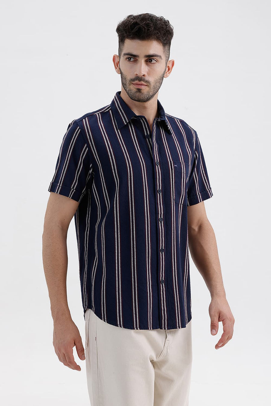 BASICS SLIM FIT NAVY BLUES COTTON HOPSACK STRIPE HALFSLEEVES SHIRT