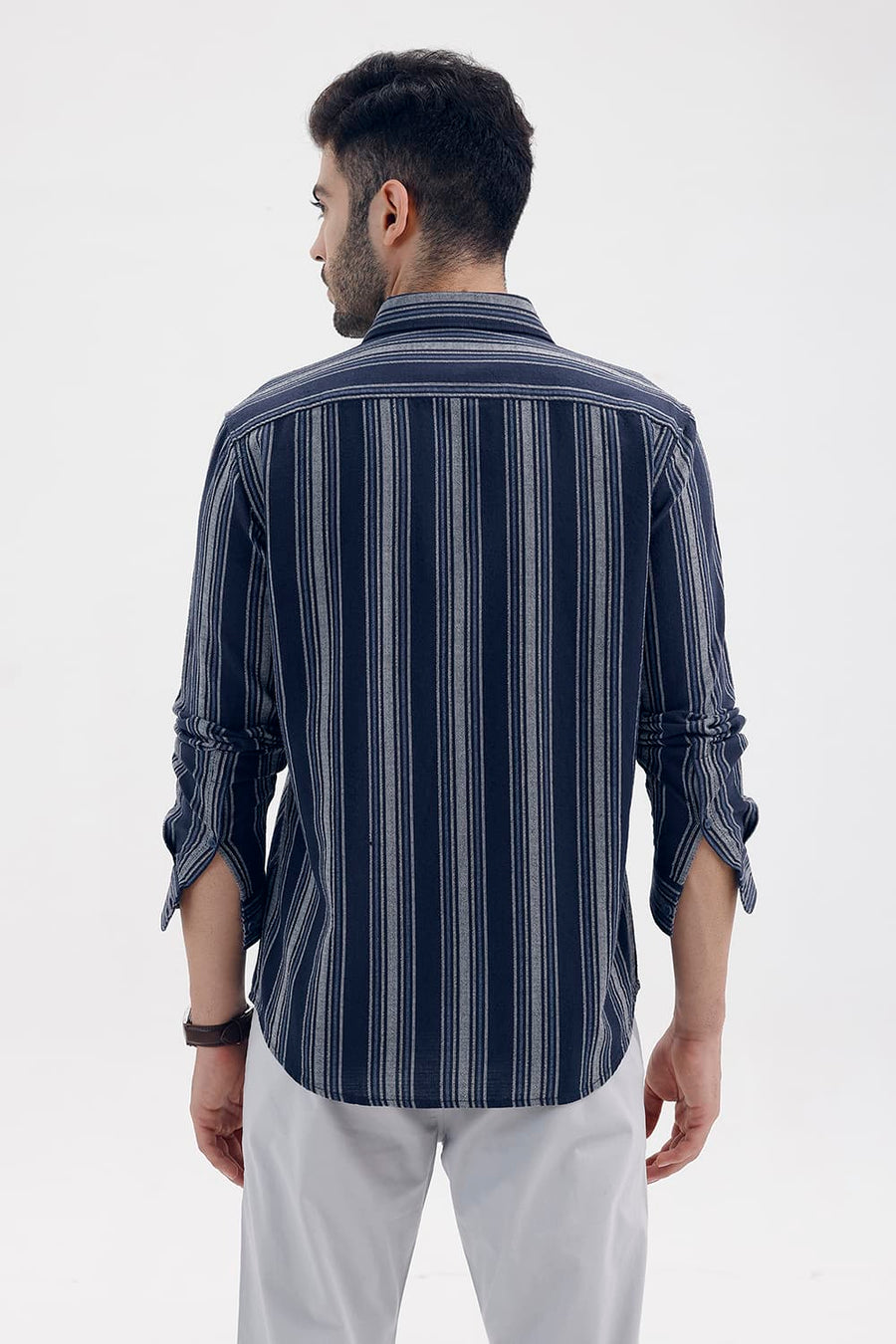 BASICS SLIM FIT NAVY SALUTE COTTON HOPSACK STRIPE SHIRT