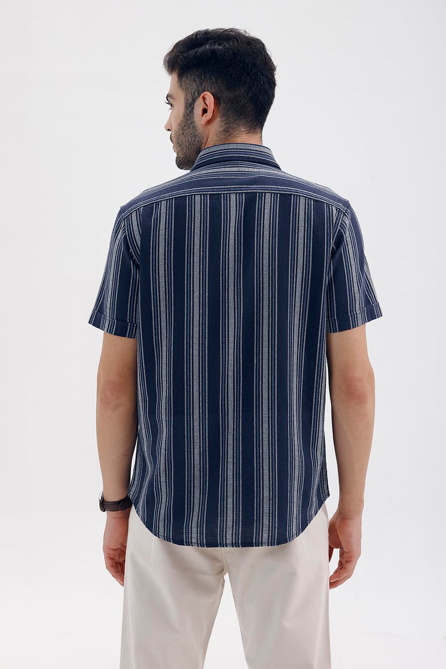 BASICS SLIM FIT NAVY SALUTE COTTON HOPSACK STRIPE HALFSLEEVES SHIRT