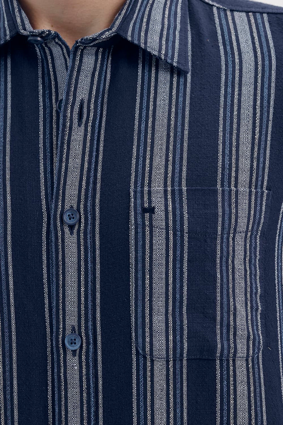 BASICS SLIM FIT NAVY SALUTE COTTON HOPSACK STRIPE SHIRT