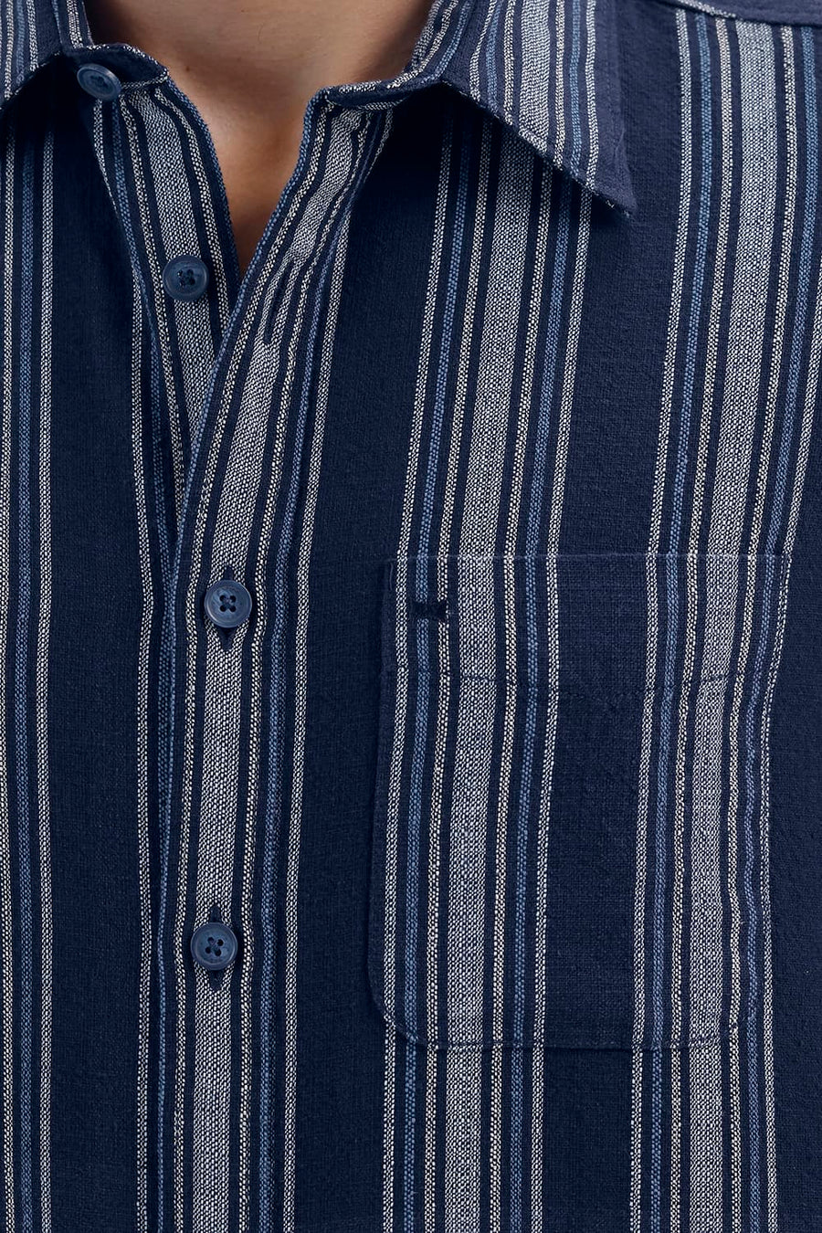 BASICS SLIM FIT NAVY SALUTE COTTON HOPSACK STRIPE HALFSLEEVES SHIRT