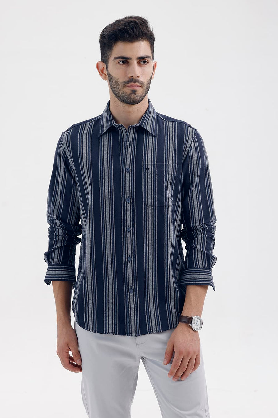 BASICS SLIM FIT NAVY SALUTE COTTON HOPSACK STRIPE SHIRT