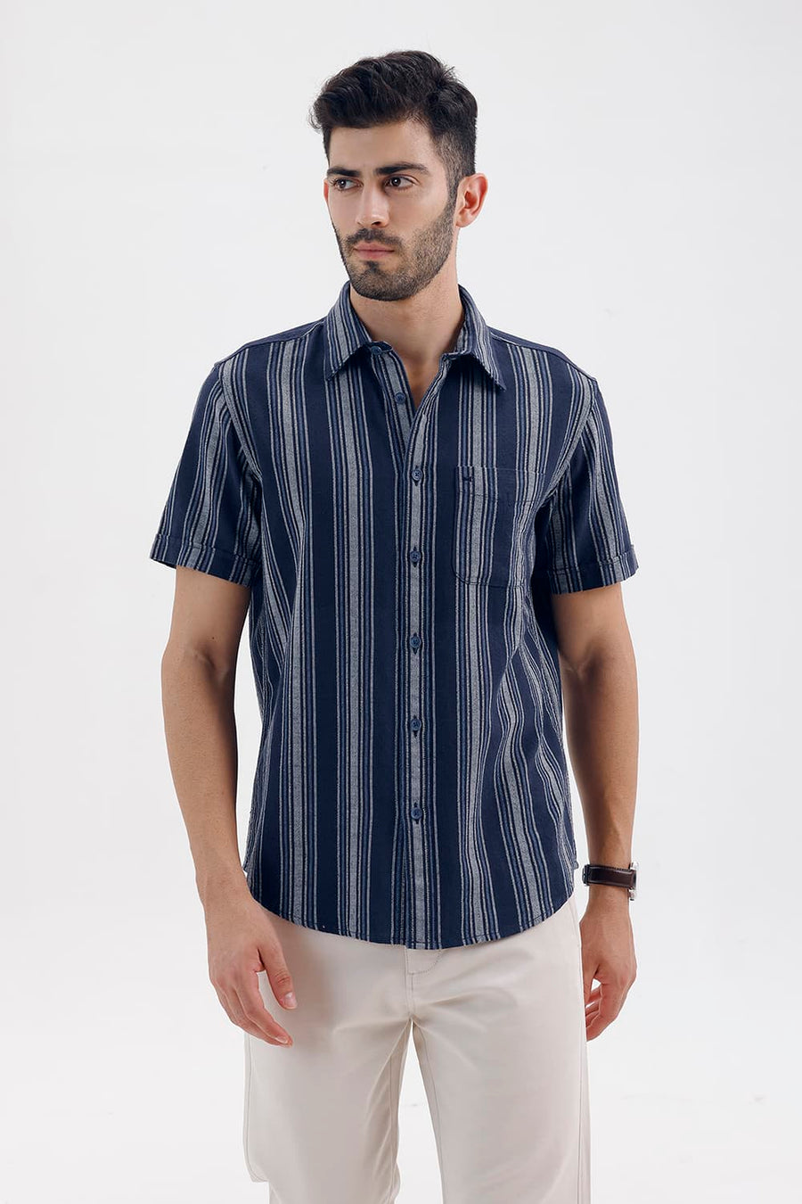 BASICS SLIM FIT NAVY SALUTE COTTON HOPSACK STRIPE HALFSLEEVES SHIRT