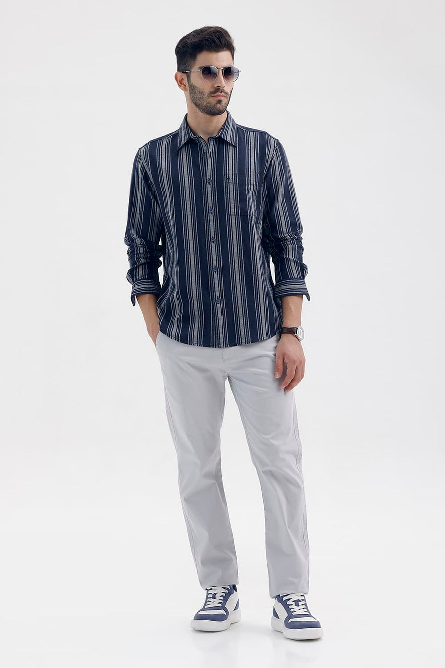 BASICS SLIM FIT NAVY SALUTE COTTON HOPSACK STRIPE SHIRT