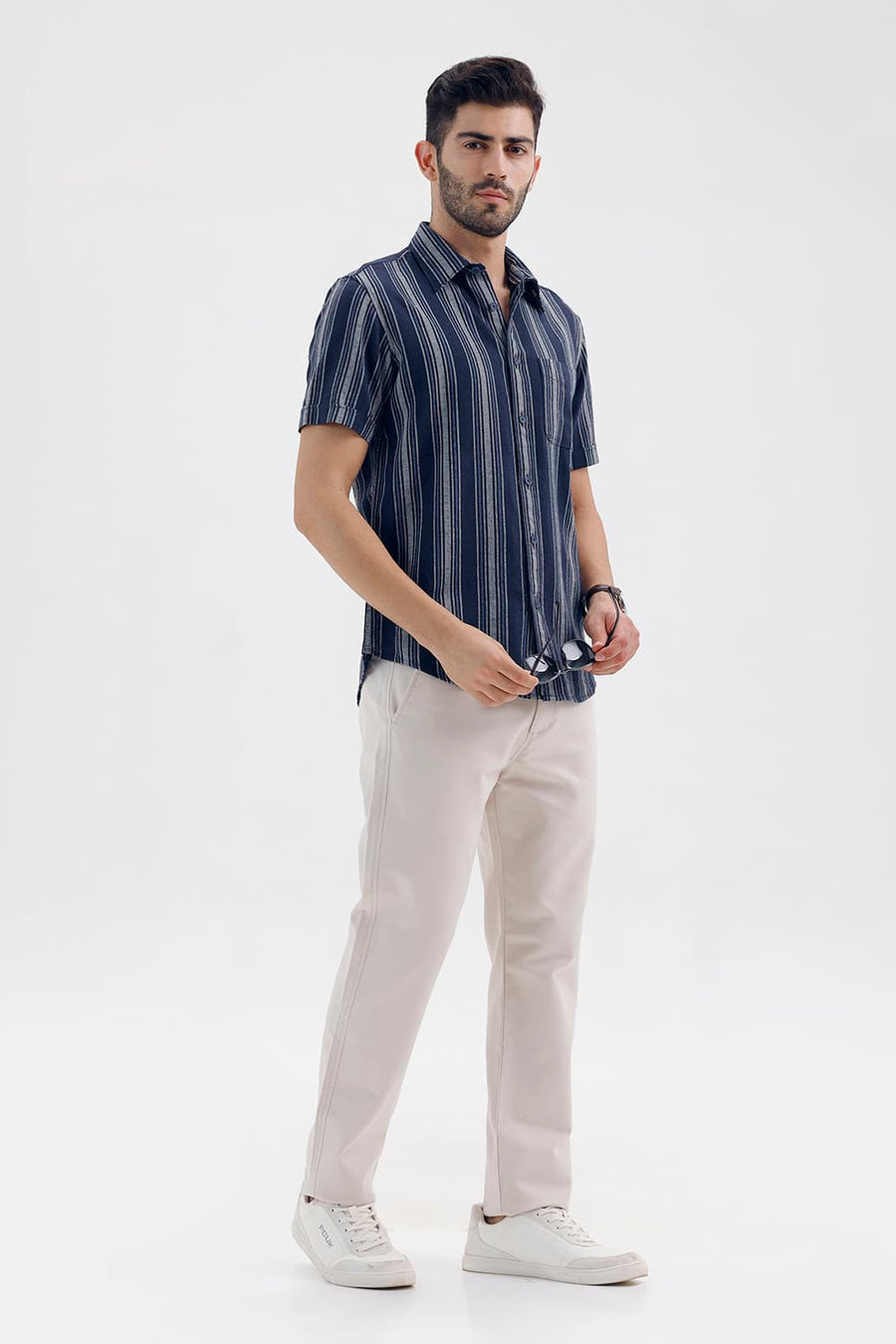 BASICS SLIM FIT NAVY SALUTE COTTON HOPSACK STRIPE HALFSLEEVES SHIRT
