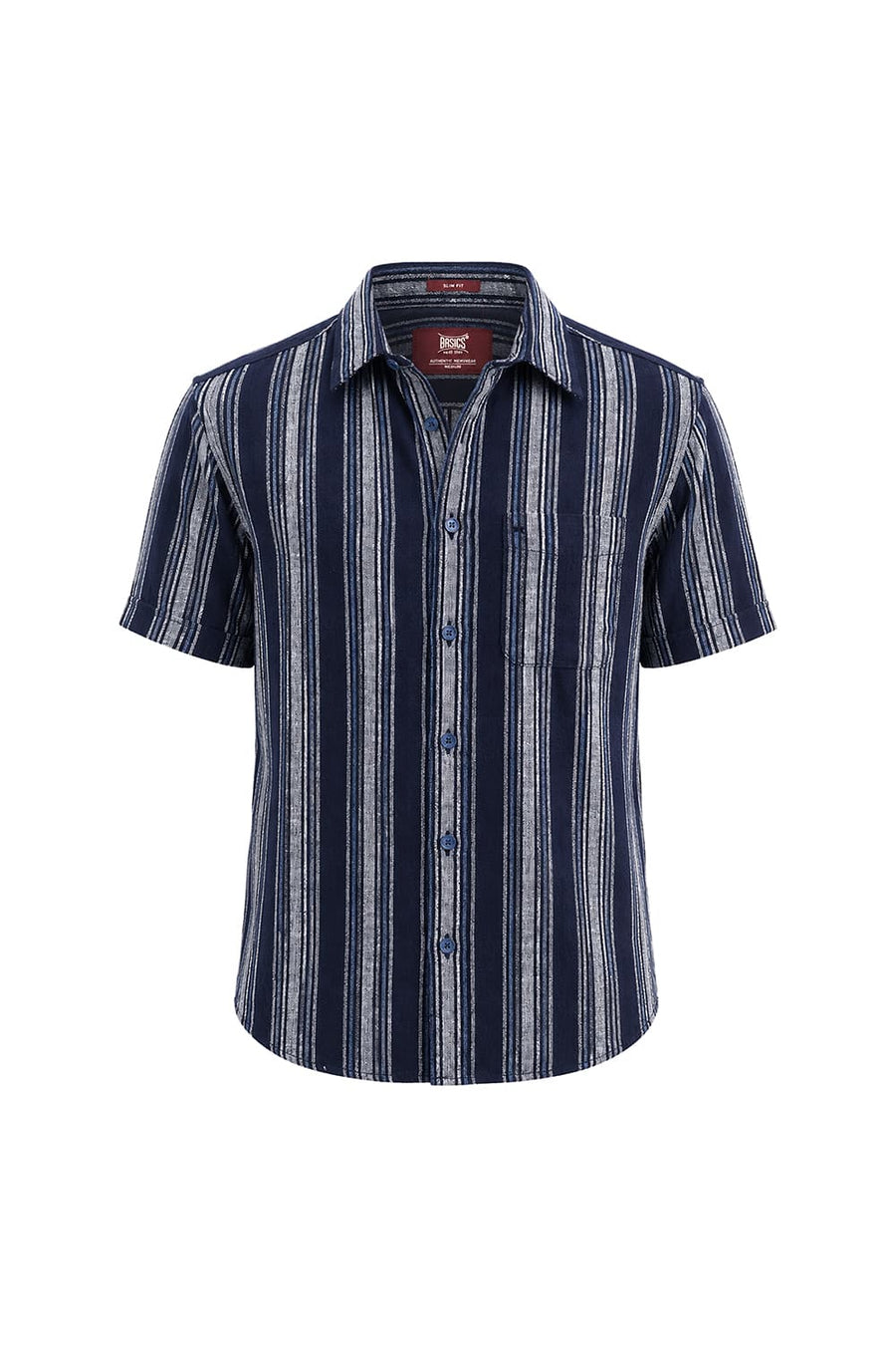 BASICS SLIM FIT NAVY SALUTE COTTON HOPSACK STRIPE HALFSLEEVES SHIRT