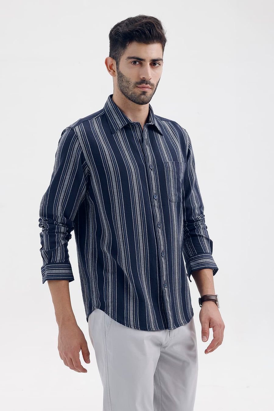BASICS SLIM FIT NAVY SALUTE COTTON HOPSACK STRIPE SHIRT