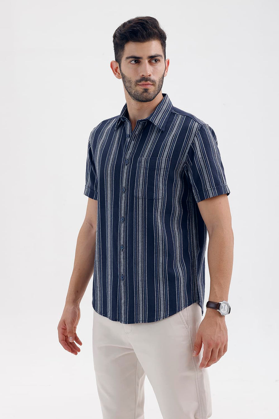 BASICS SLIM FIT NAVY SALUTE COTTON HOPSACK STRIPE HALFSLEEVES SHIRT