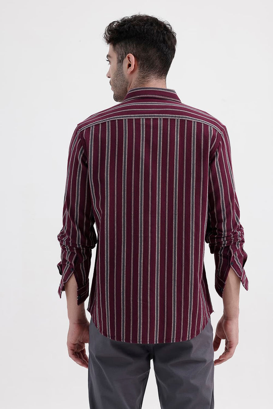 BASICS SLIM FIT WINE MAROON COTTON HOPSACK STRIPE SHIRT