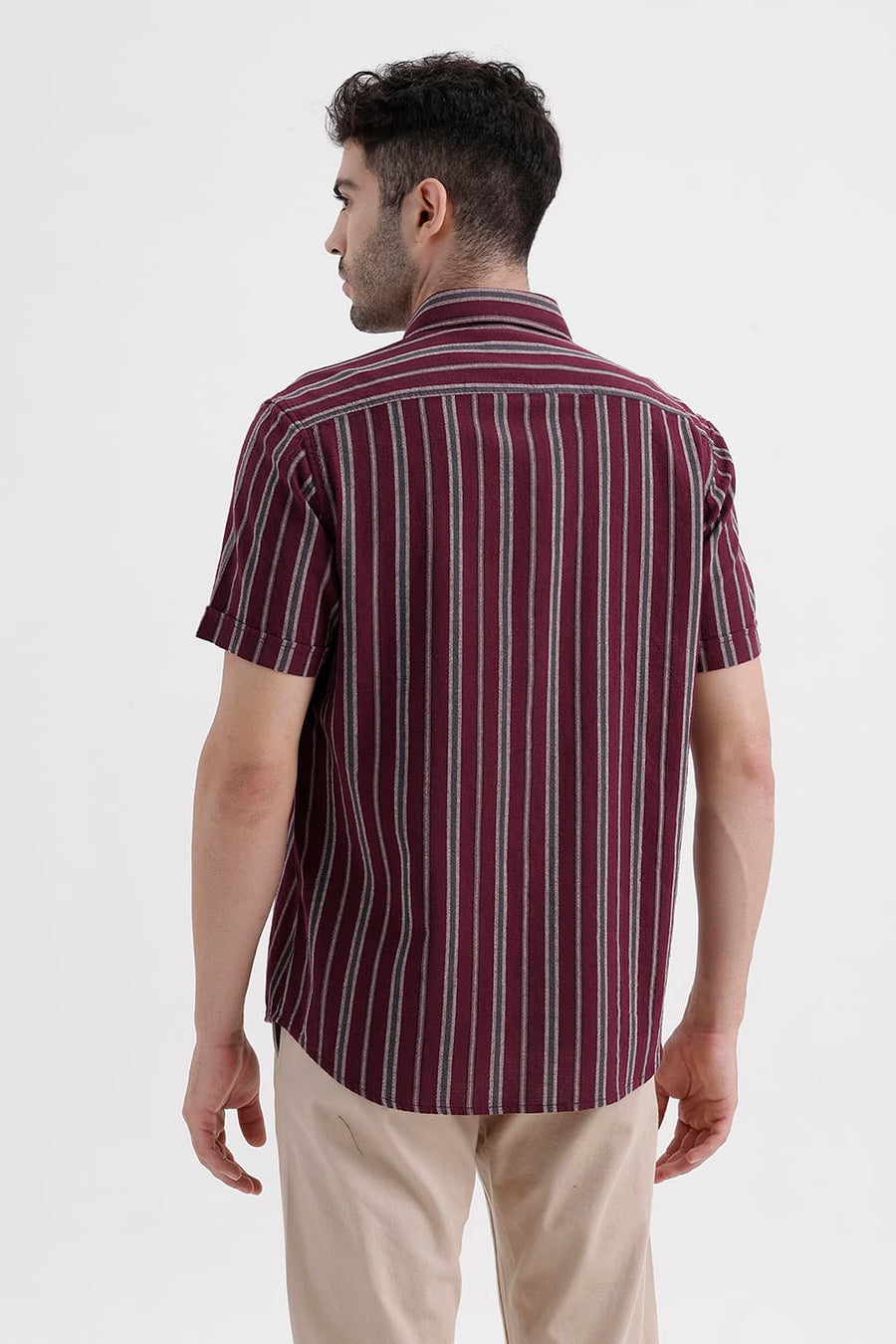 BASICS SLIM FIT WINE MAROON COTTON HOPSACK STRIPE HALFSLEEVES SHIRT