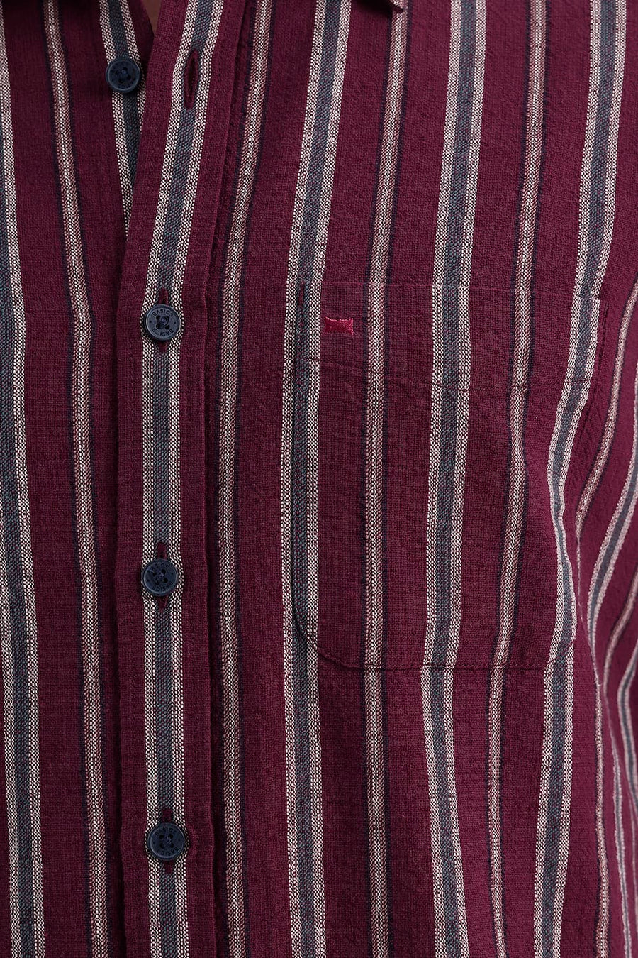 BASICS SLIM FIT WINE MAROON COTTON HOPSACK STRIPE SHIRT
