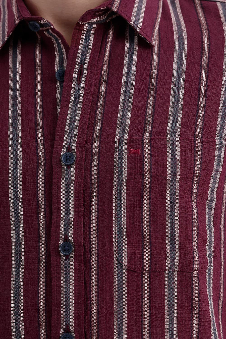 BASICS SLIM FIT WINE MAROON COTTON HOPSACK STRIPE HALFSLEEVES SHIRT