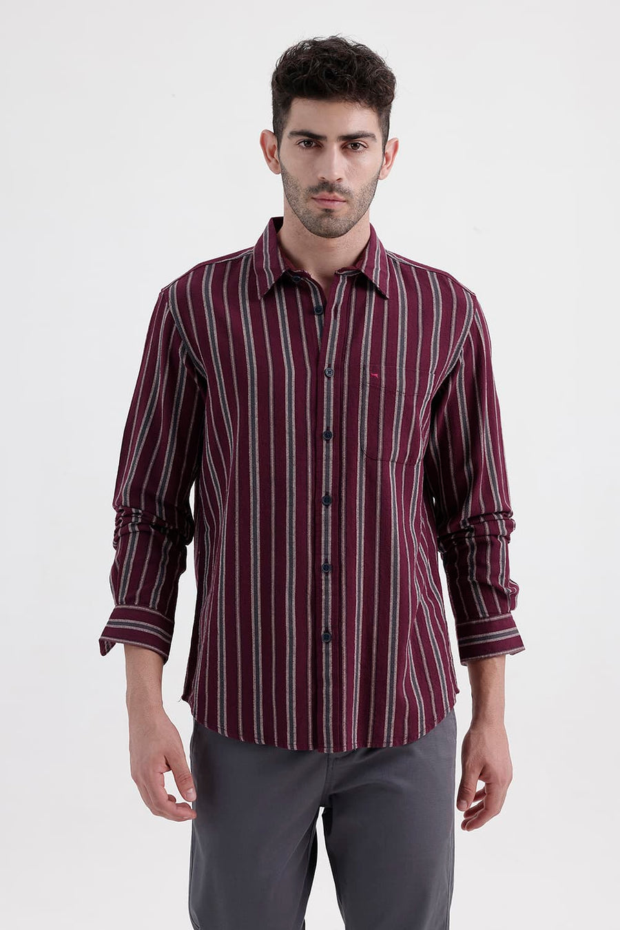BASICS SLIM FIT WINE MAROON COTTON HOPSACK STRIPE SHIRT