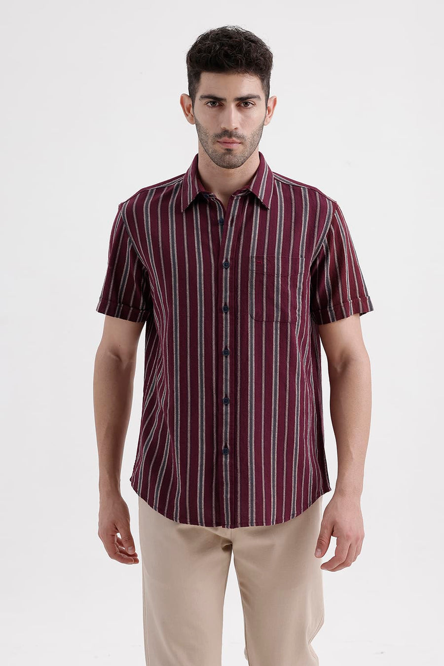 BASICS SLIM FIT WINE MAROON COTTON HOPSACK STRIPE HALFSLEEVES SHIRT