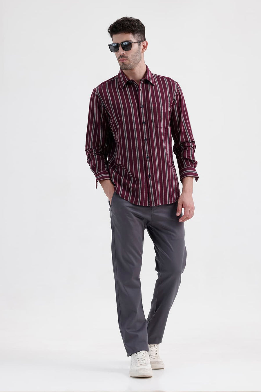 BASICS SLIM FIT WINE MAROON COTTON HOPSACK STRIPE SHIRT