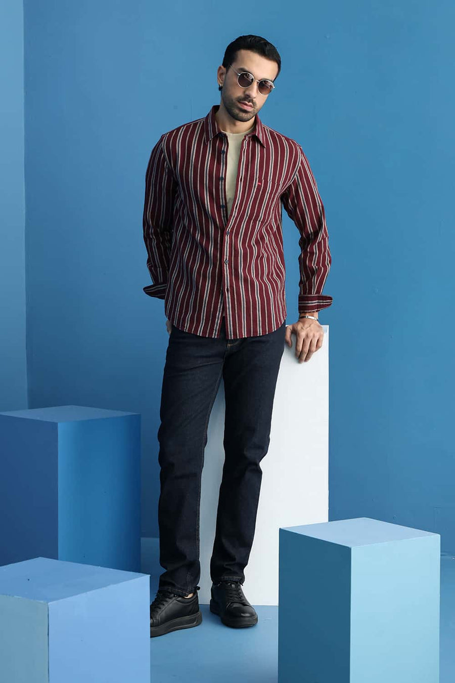 Basics Slim Fit Wine Maroon Cotton Hopsack Stripe Shirt