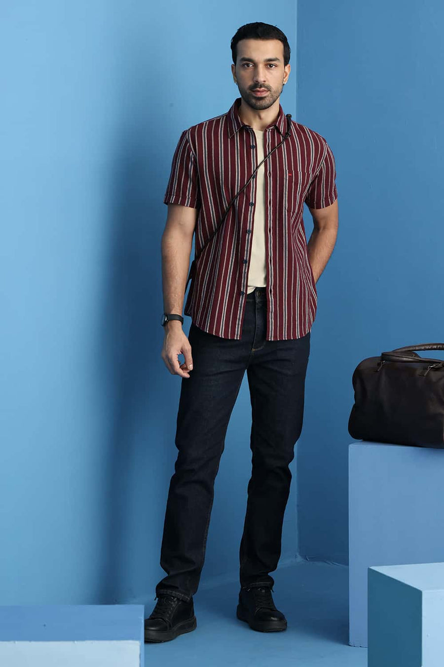 Basics Slim Fit Wine Maroon Cotton Hopsack Stripe Halfsleeves Shirt