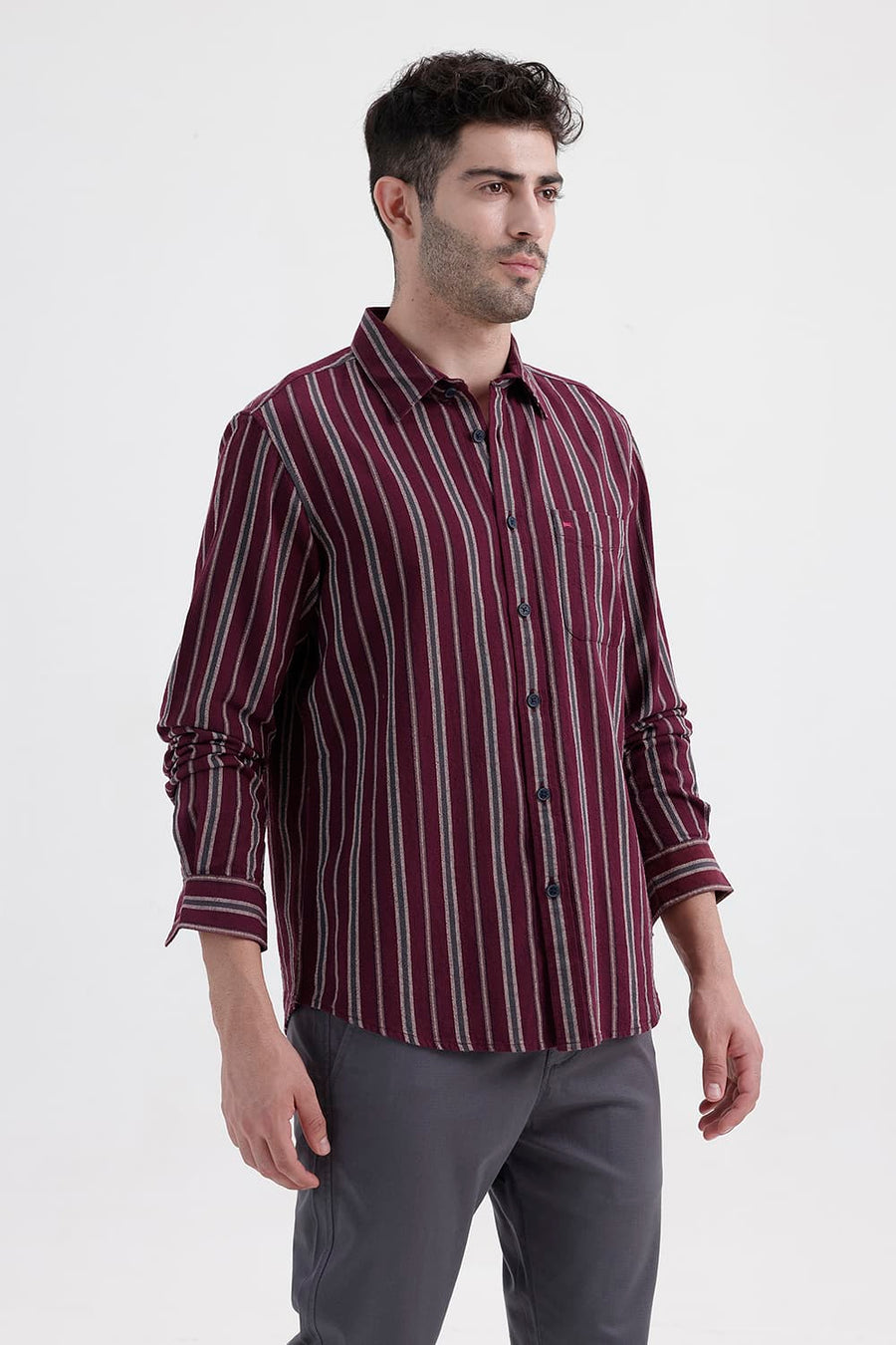 BASICS SLIM FIT WINE MAROON COTTON HOPSACK STRIPE SHIRT