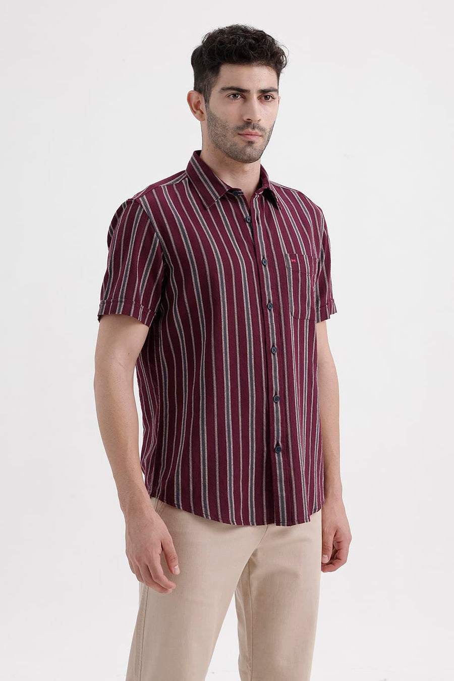 BASICS SLIM FIT WINE MAROON COTTON HOPSACK STRIPE HALFSLEEVES SHIRT