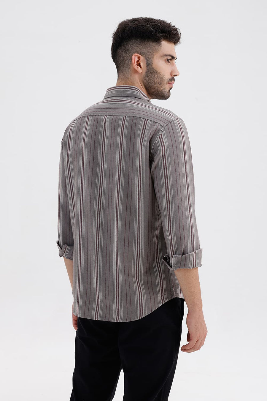BASICS SLIM FIT STORM GREY COTTON HOPSACK STRIPE SHIRT